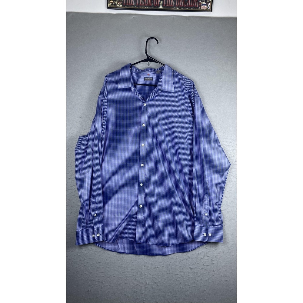 Van Heusen Shirt Mens 2XL 18.5 Blue Check Traveler Wrinkle Free Dress Shirt